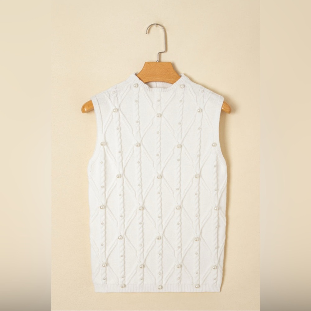 Pricilla- Elegant White Sleeveless Pearl Sweater Vest - Picture 4 of 6